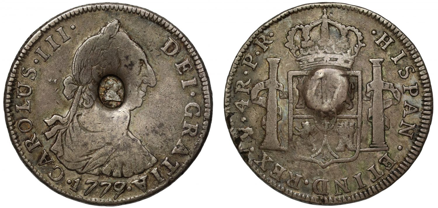 George III oval countermark on Potosi 1779-PR 9 over 7, 4-Reales NGC VF30