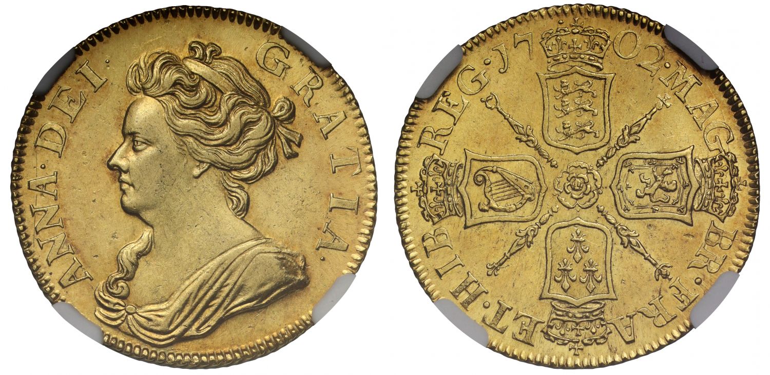 Anne 1702 Guinea Pre-Union type MS62, ex Terner / Millennia collections