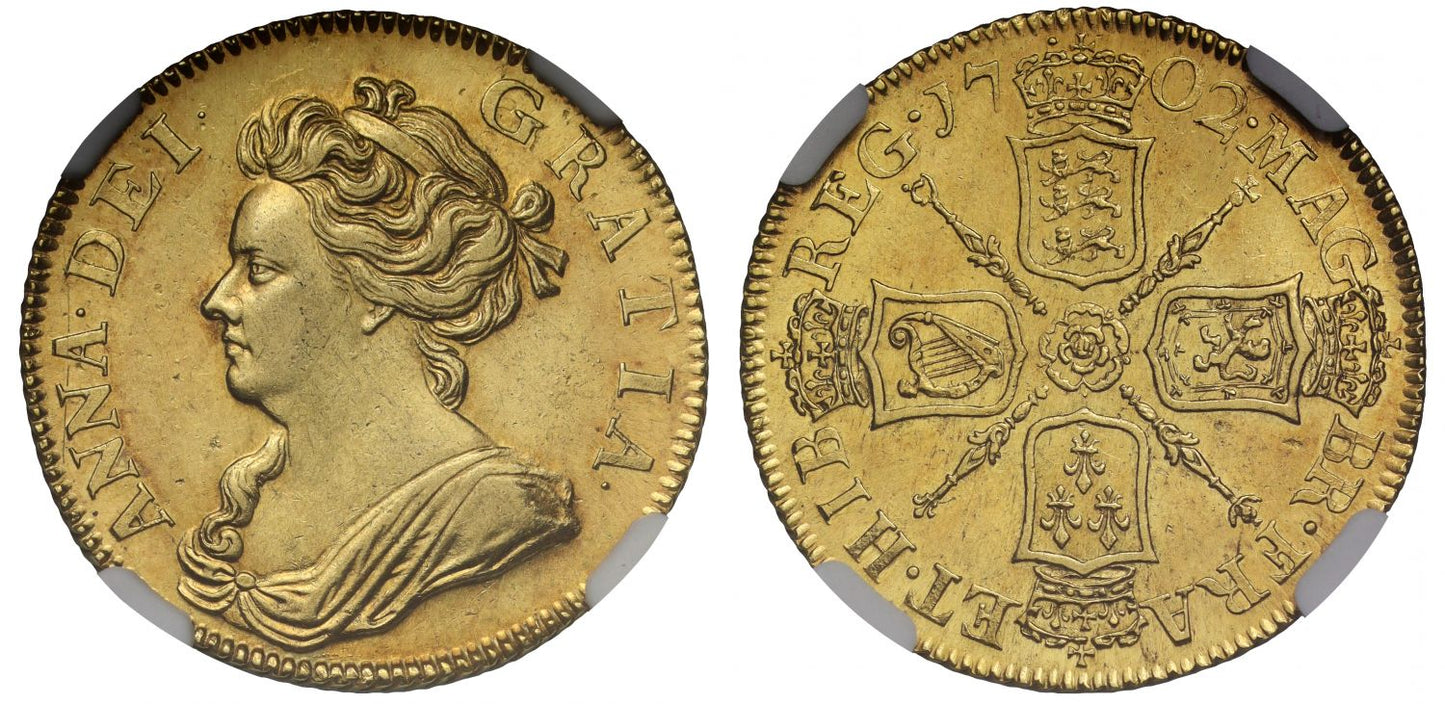 Anne 1702 Guinea Pre-Union type MS62, ex Terner / Millennia collections