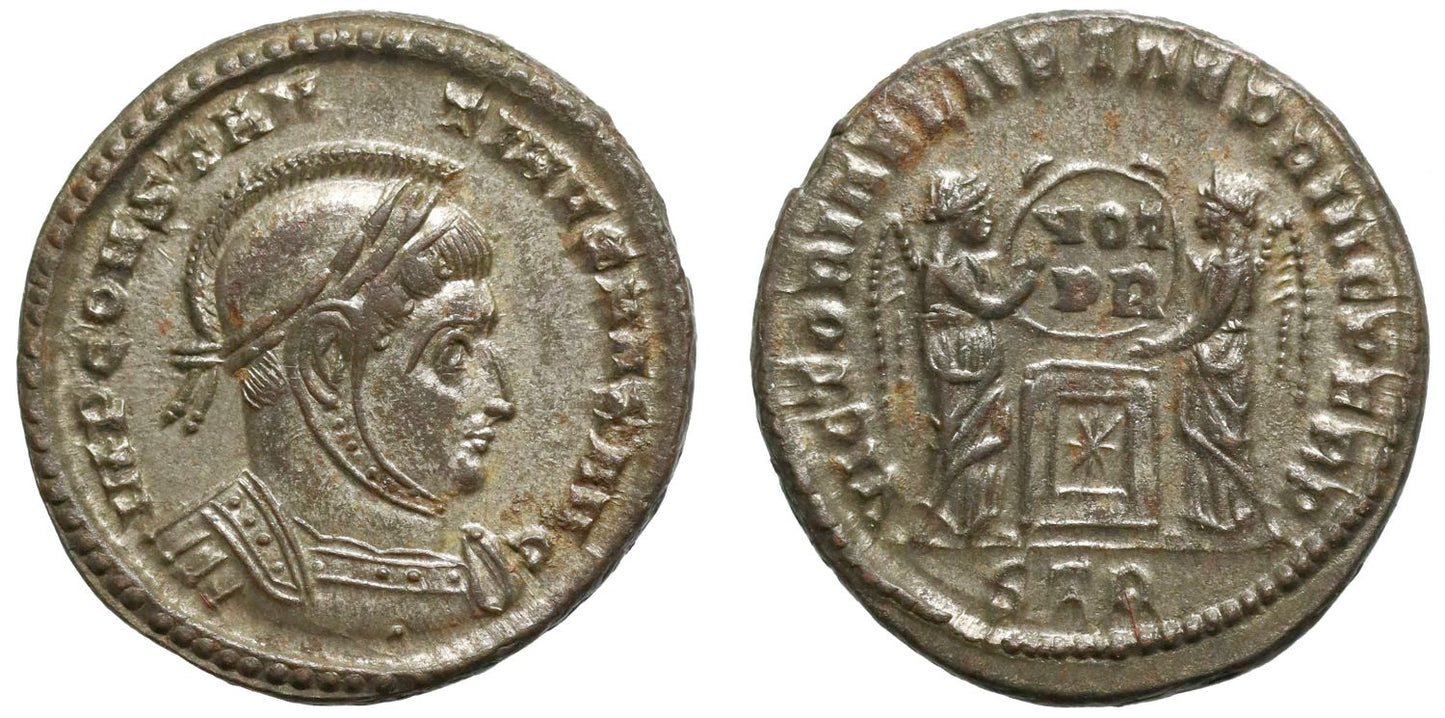 Constantine I, Bronze Follis, full silvering.