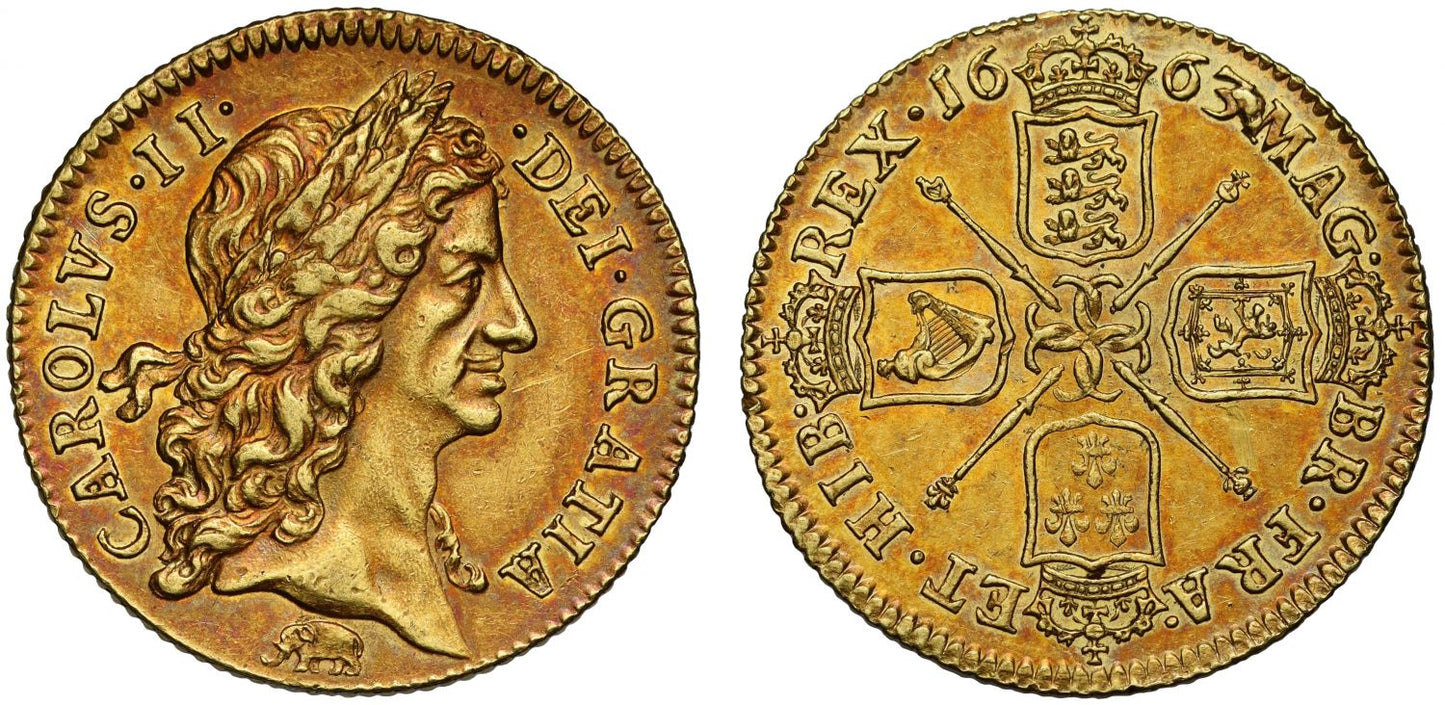 Charles II 1663 Guinea, Elephant below, 1st year of issue, low mintage