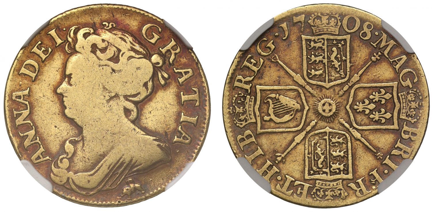 Anne 1708 Guinea Elephant & Castle VG8, of the highest rarity