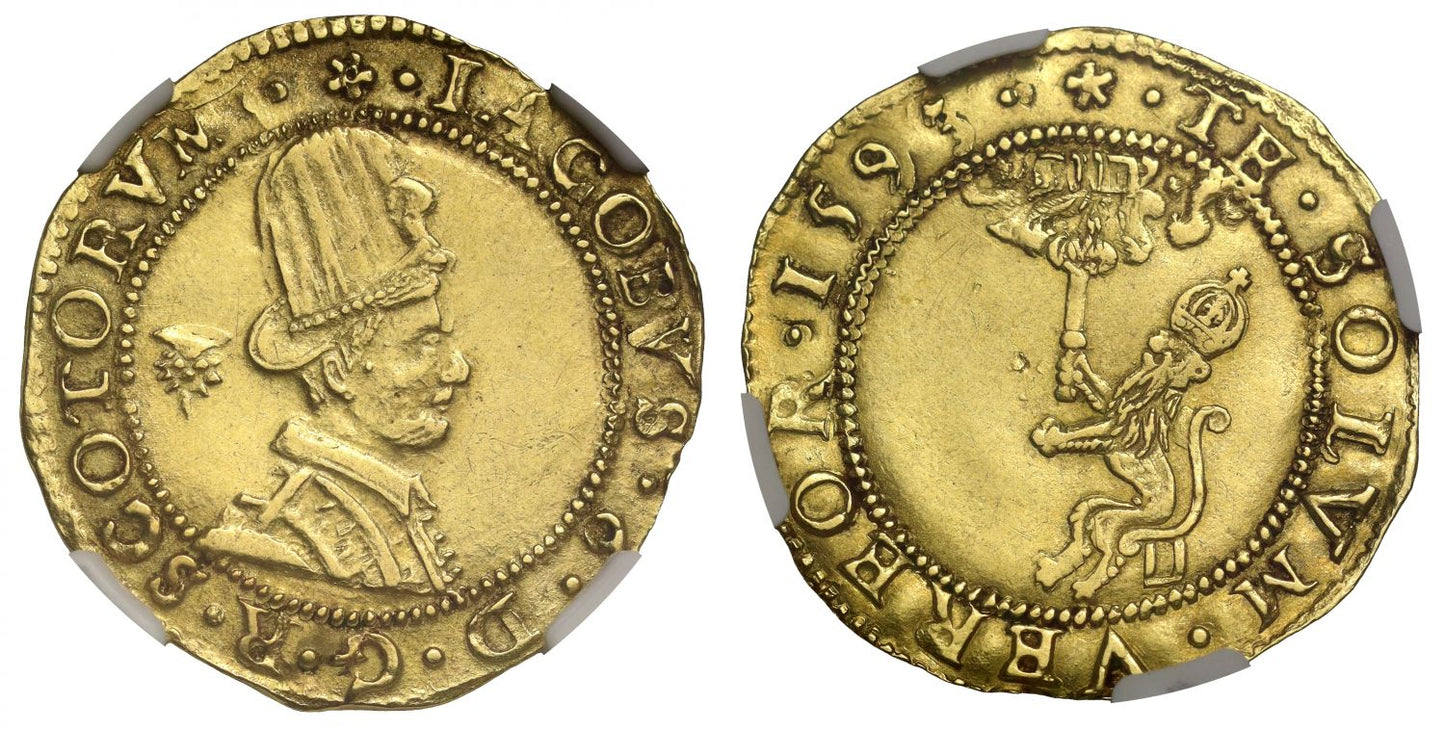 Scotland, James VI 1593 gold Hat Piece AU55 joint finest graded of date