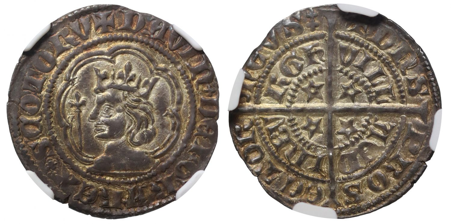 Scotland, David II Halfgroat, error legend DAVIN & PROSECTOR, AU58