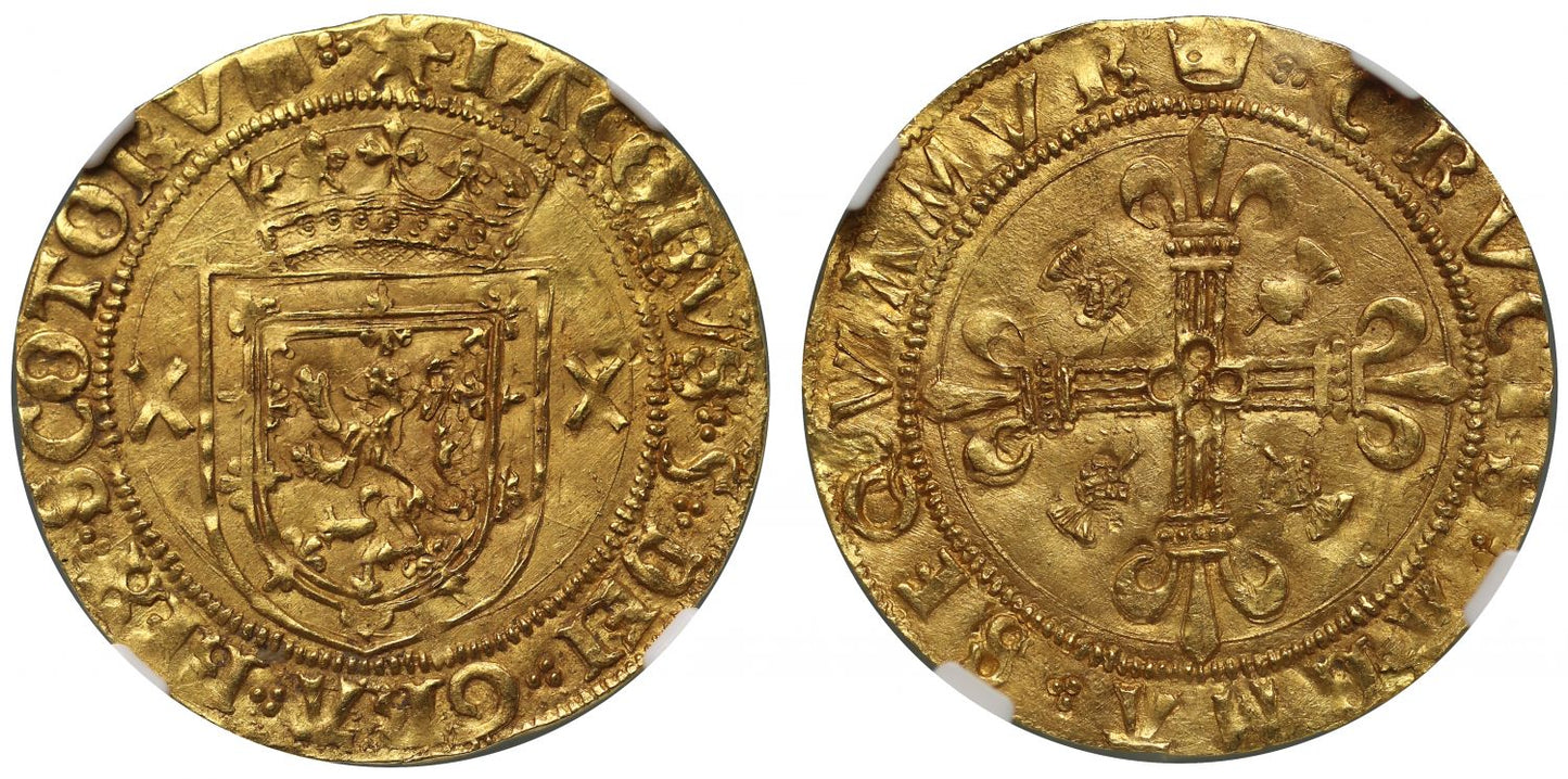 Scotland, James V gold Crown, corded crown band hatched interior, AU55