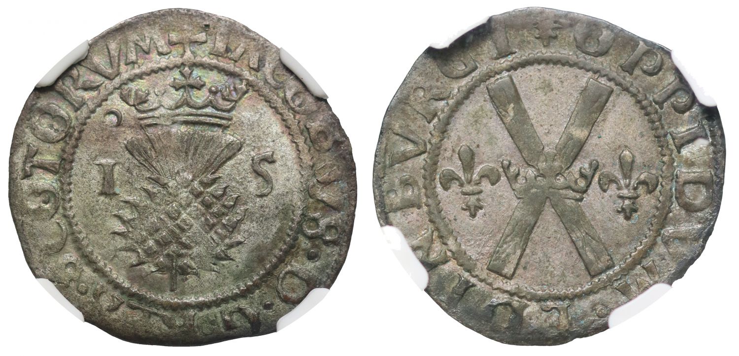 Scotland, James V billion Bawbee of Sixpence AU58, annnulet by crown