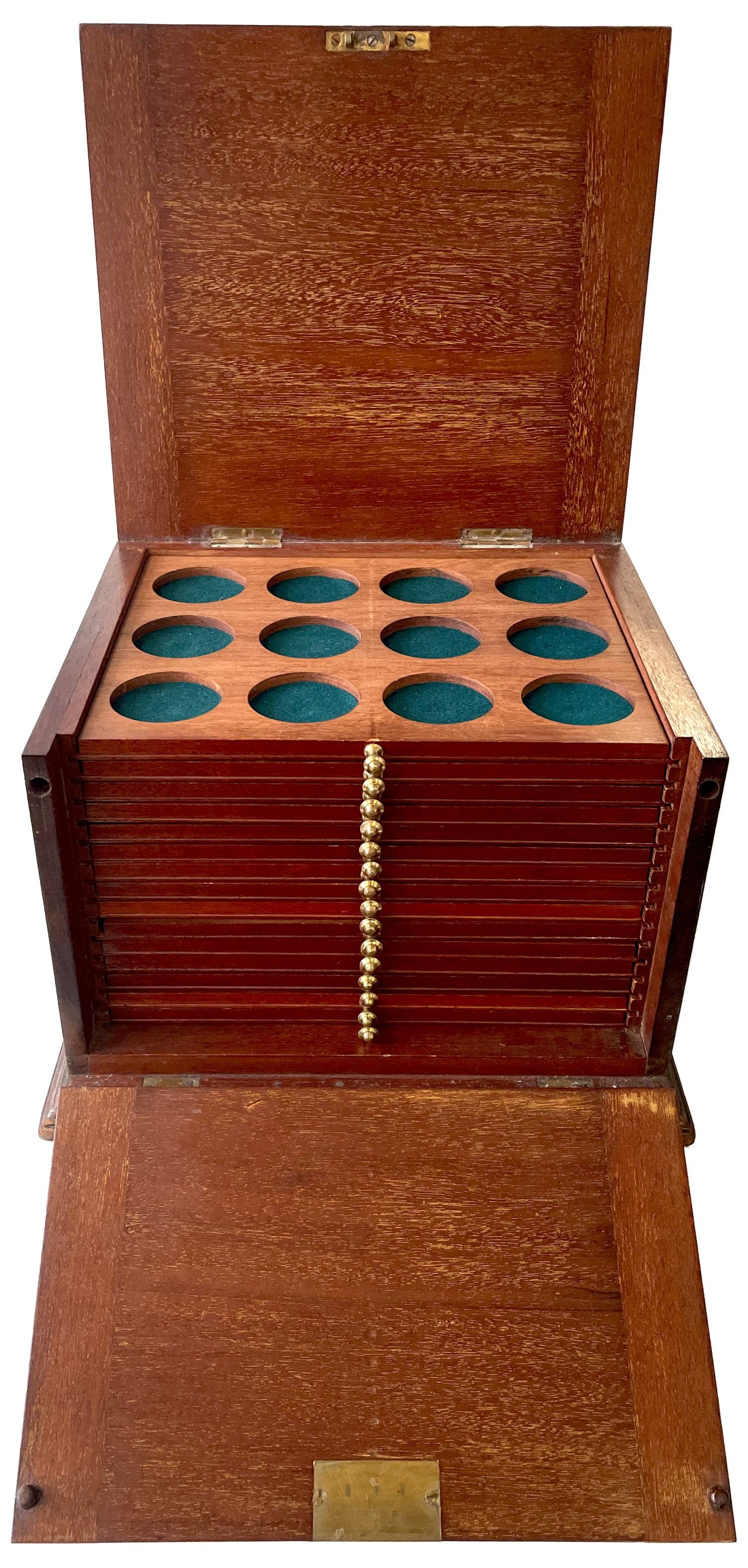 Coin Cabinet early 20th Century, 15 trays varying hole sizes with felts