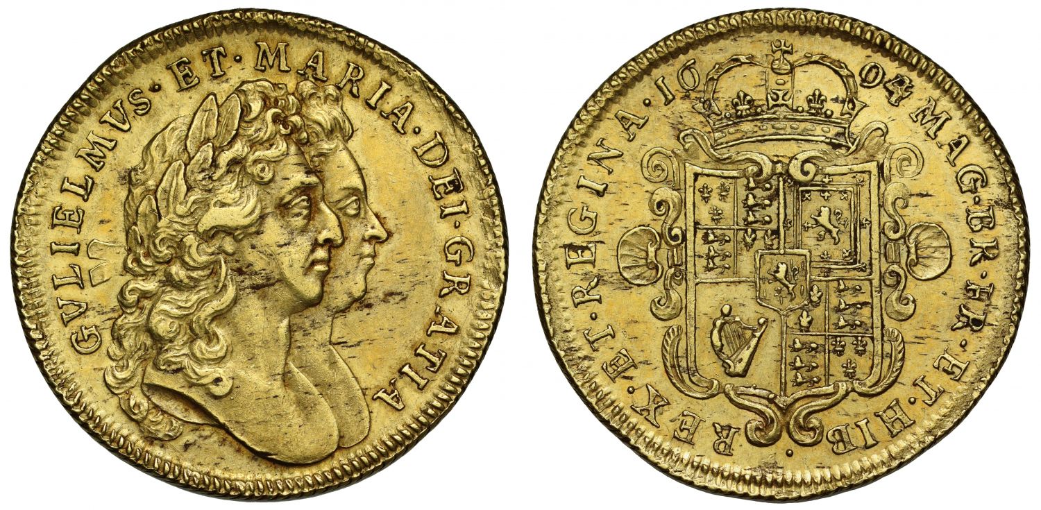 William and Mary 1694 Two-Guineas, 4 struck over 3 in date as usual
