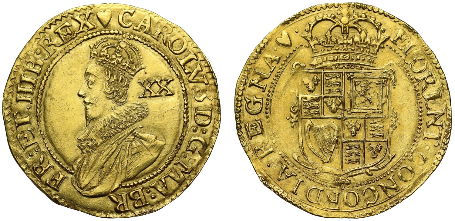 Charles I Unite, Group B, London, MS61 mm heart, plate coin standard catalogue, ex Hamilton Smith, Farquhar, Selig, Ure and Cope
