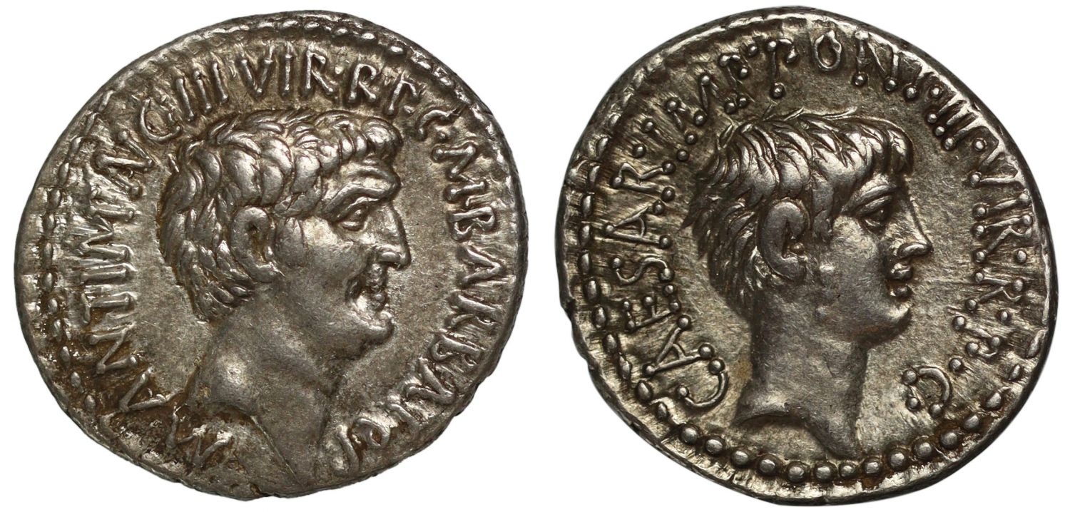 Mark Antony and Octavian, Silver Denarius, commemorating the Second Triumvirate.