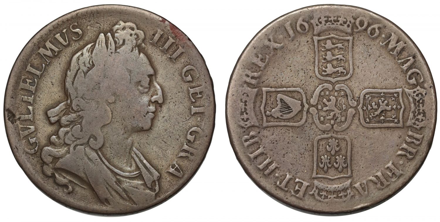 William III 1696 Crown first bust with error GEI for DEI in legend