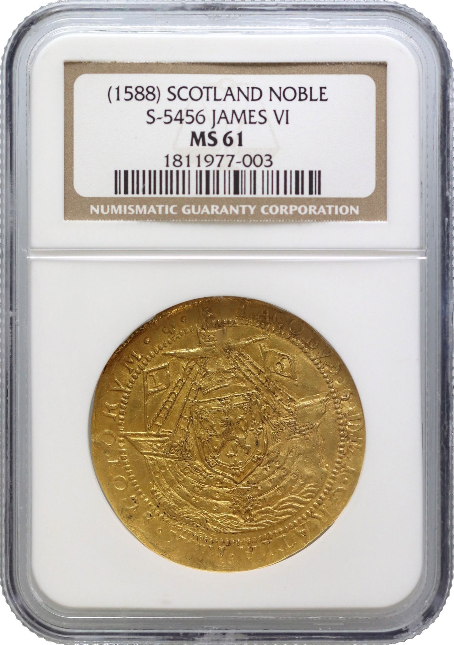 Scotland, James VI (1588) gold Thistle Noble MS61, one year issue of 1588, ex La Riviere and Loch Ness collections