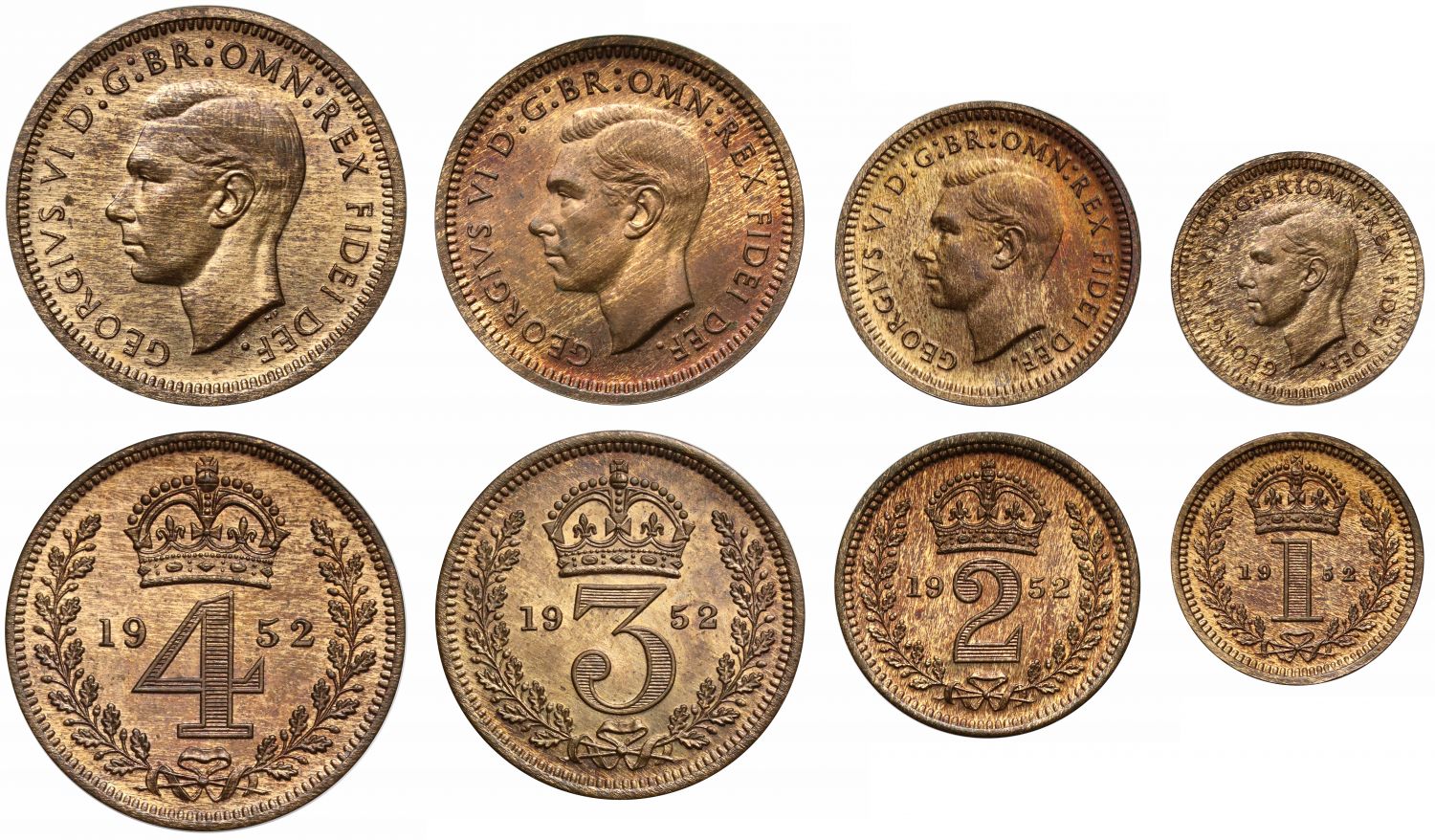 George VI 1952 bronze Maundy Set, MS64-65 RB, only two known, ex Norweb and plate coin
