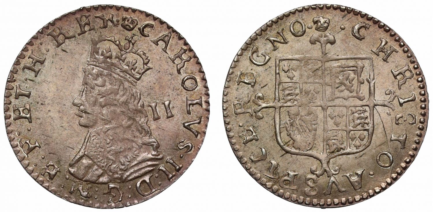 Charles II silver Twopence, undated milled second issue, MS65 finest graded