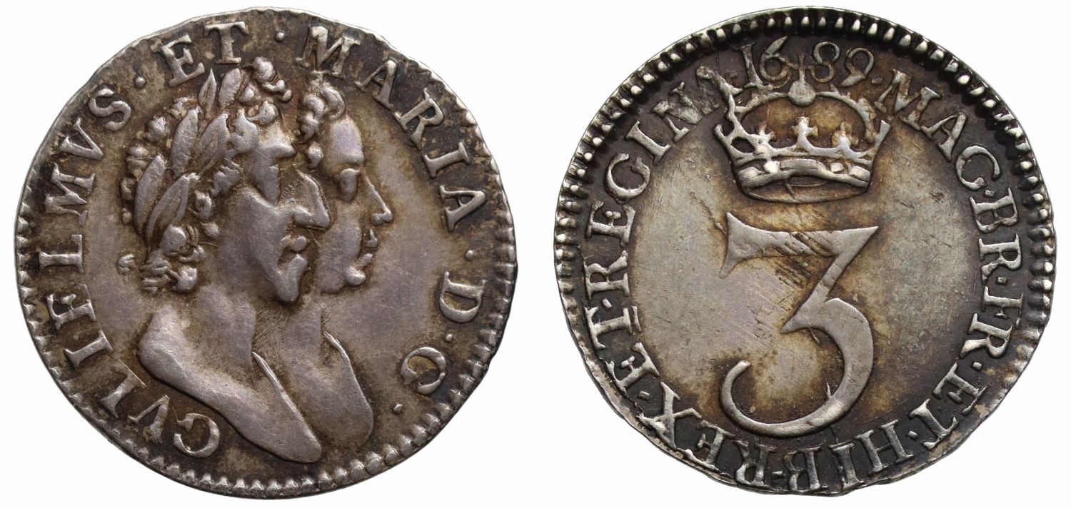William & Mary 1689 silver Threepence, Roman I in date, NGC AU55