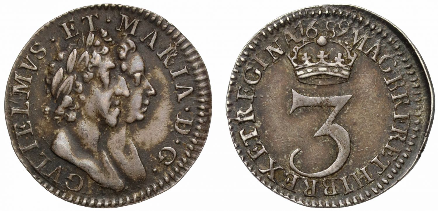 William & Mary 1689 silver Threepence, Arabic 1 date, NGC AU53