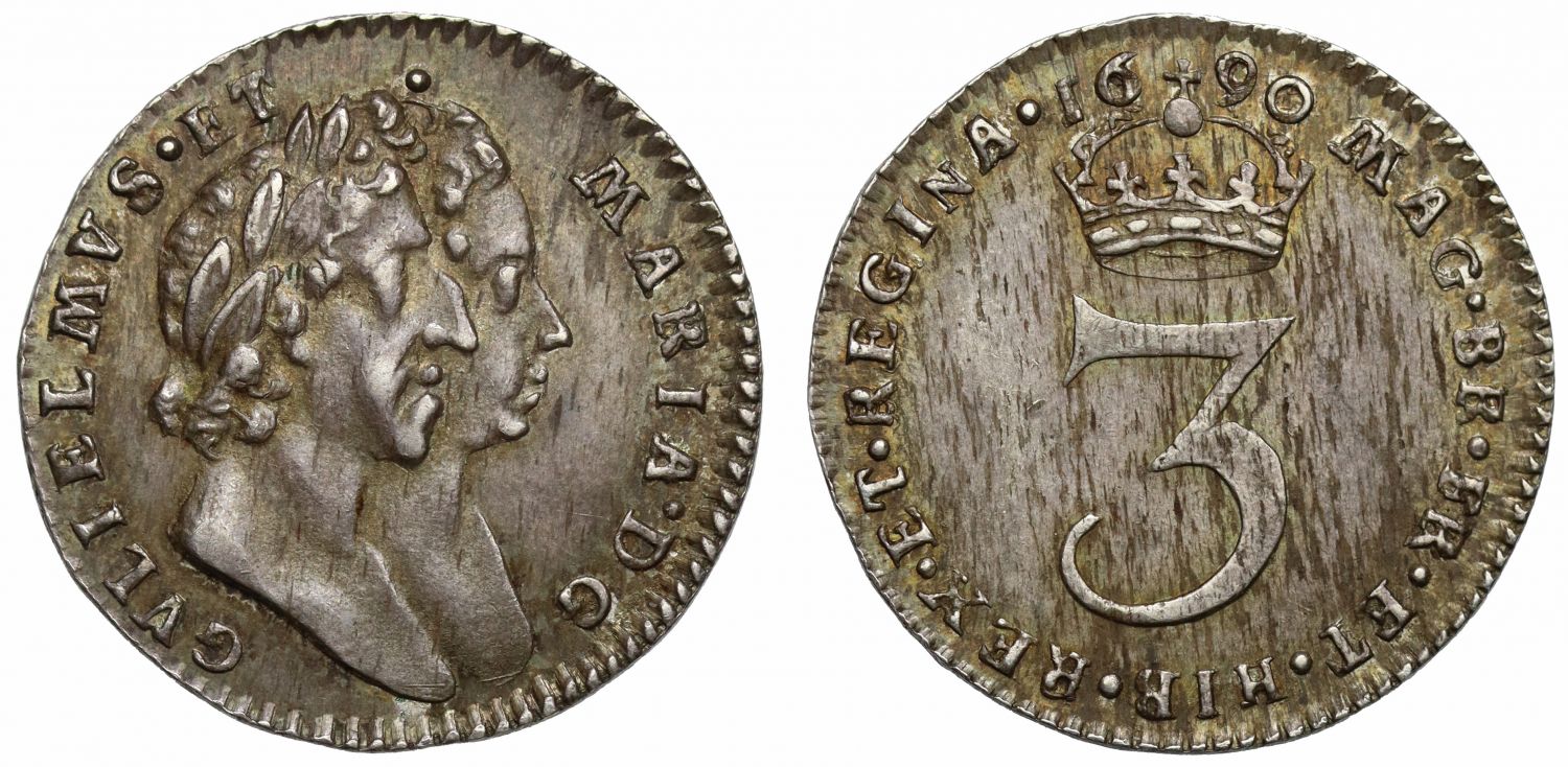 William & Mary 1690 silver Threepence, retrograde 1 in date, NGC AU55 finest