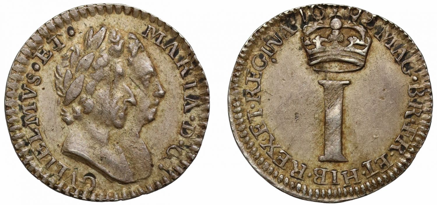 William & Mary 1692 silver Penny, tiny pellet in reverse field NGC AU58