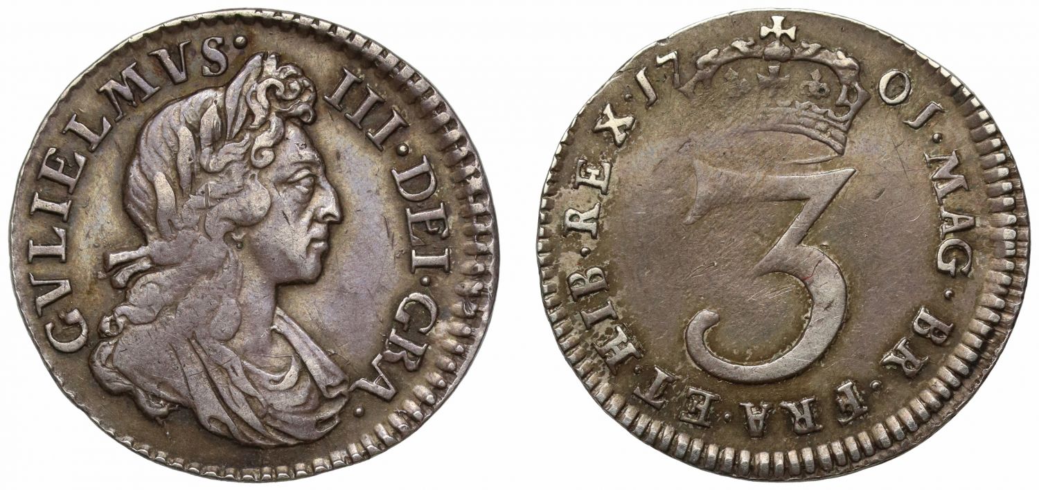 William III 1701 silver Threepence, reads GBA for GRA, NGC XF45
