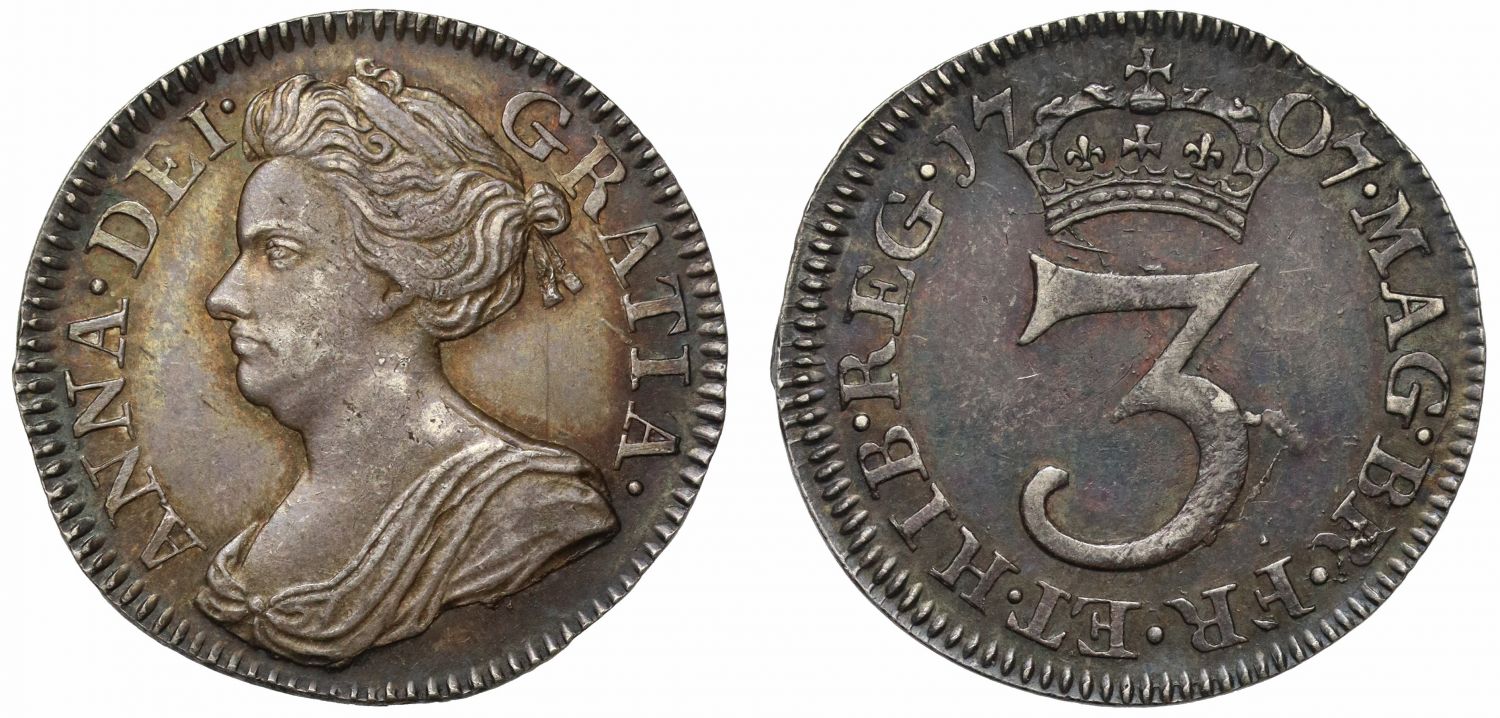 Anne 1707 silver Threepence, third bust NGC MS61 finest graded
