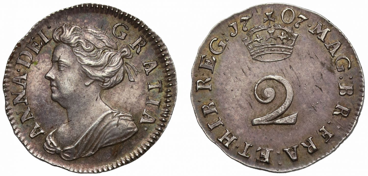 Anne 1707 silver Twopence, MS62 the finest graded example