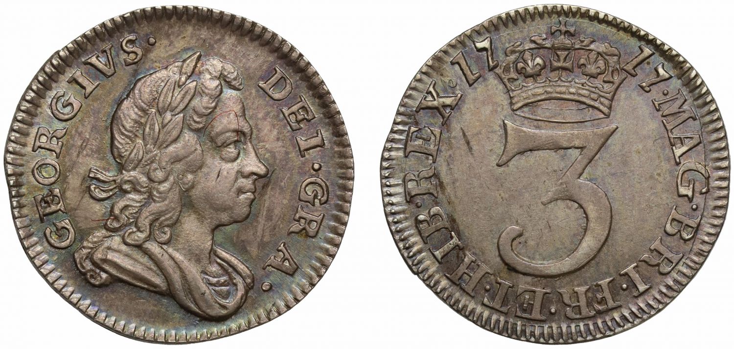 George I 1717 silver Threepence, NGC MS63 second finest graded