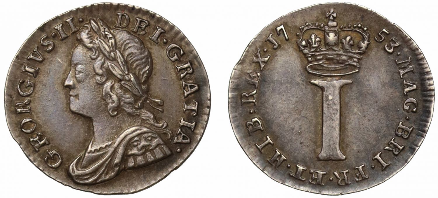 George II 1753/2 silver Penny 3 over 2, AU58