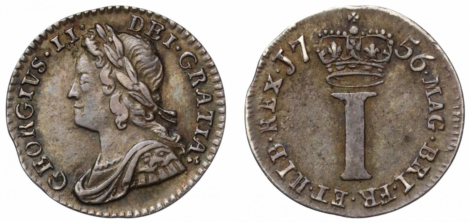 George II 1756 silver Penny, young head, NGC AU55