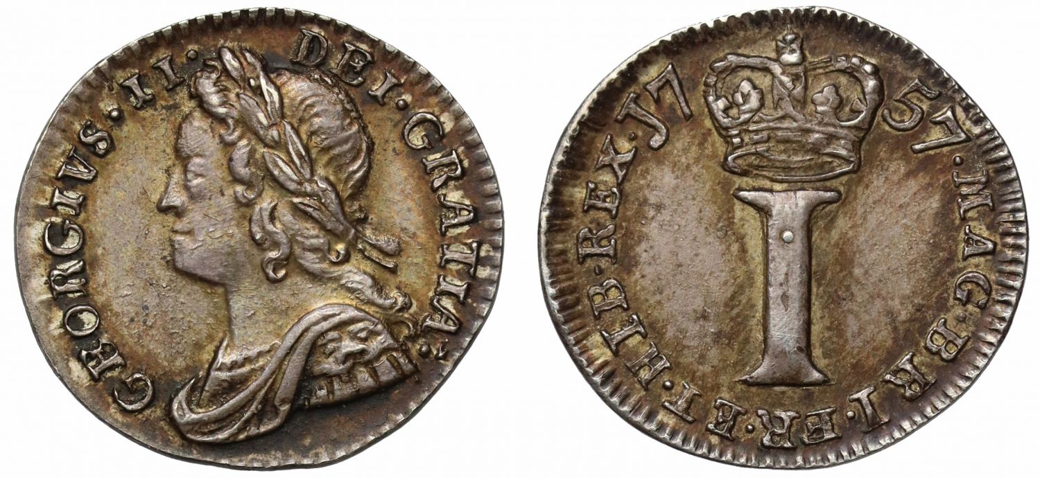 George II 1757 silver Penny, young head, NGC MS62