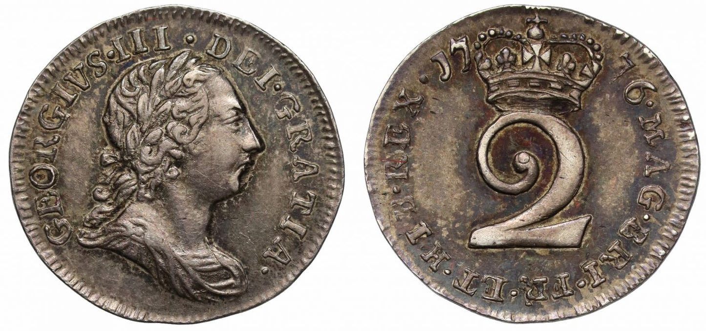 George III 1776 silver Twopence AU55, unbarred A in MAG