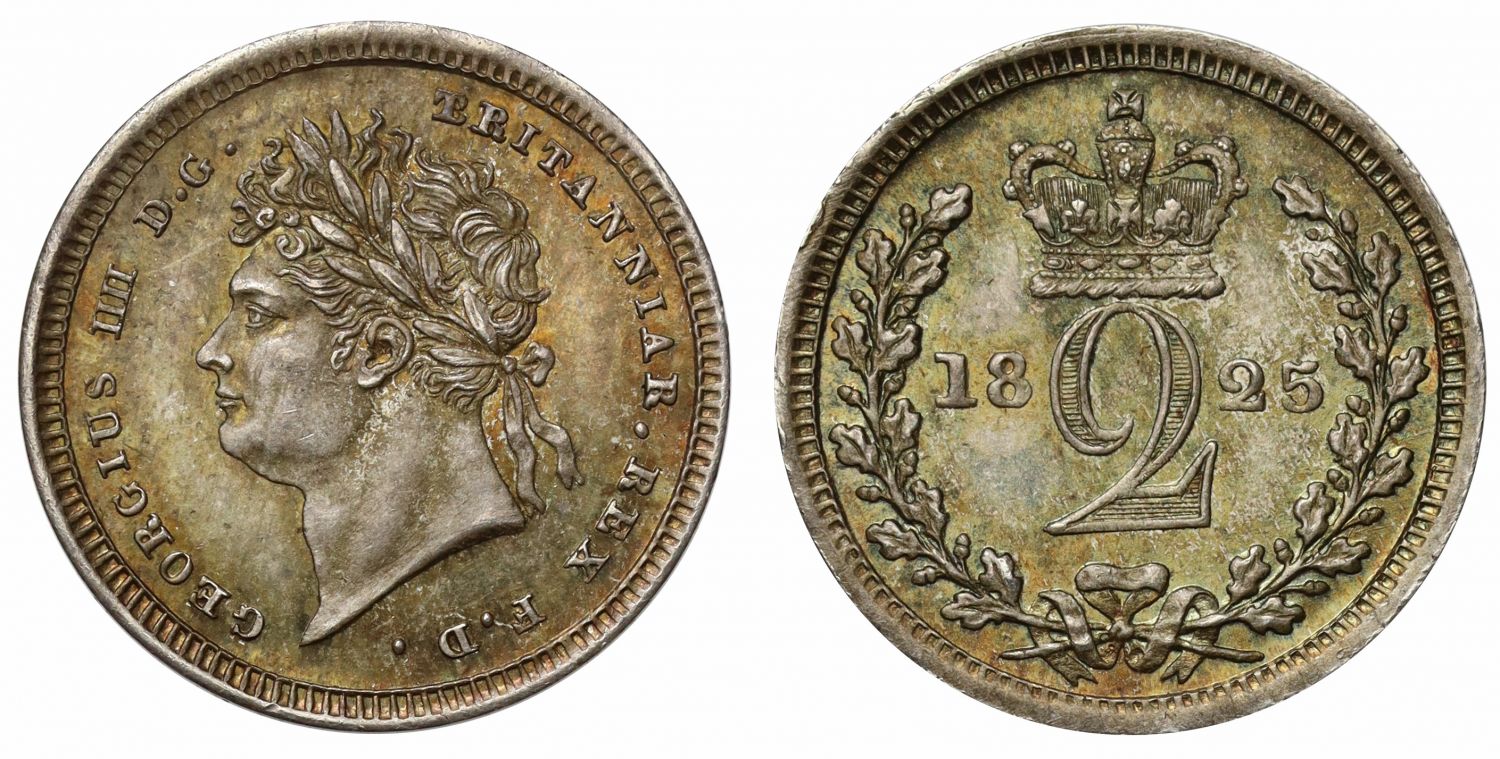 George IV 1825 silver Twopence MS65, with T struck over B in legend, finest graded