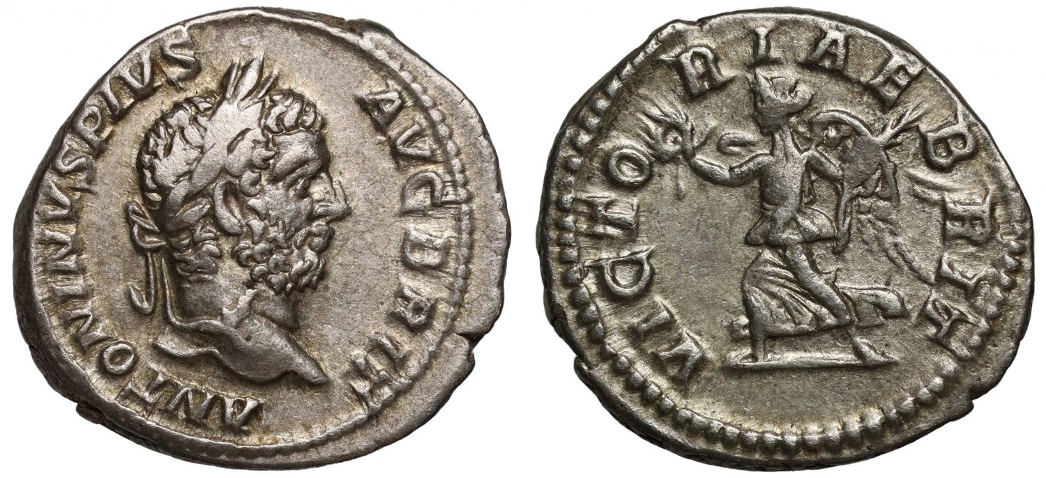 Romano-British Interest, Caracalla, silver Denarius, Victory in Britain.
