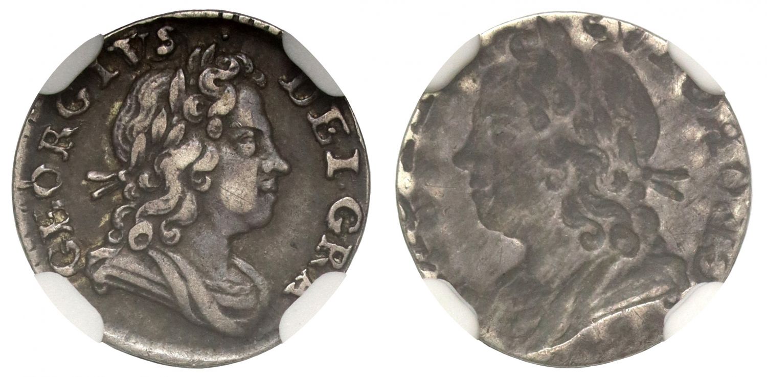 George I silver Penny obverse Brockage error, NGC XF40 plate coin