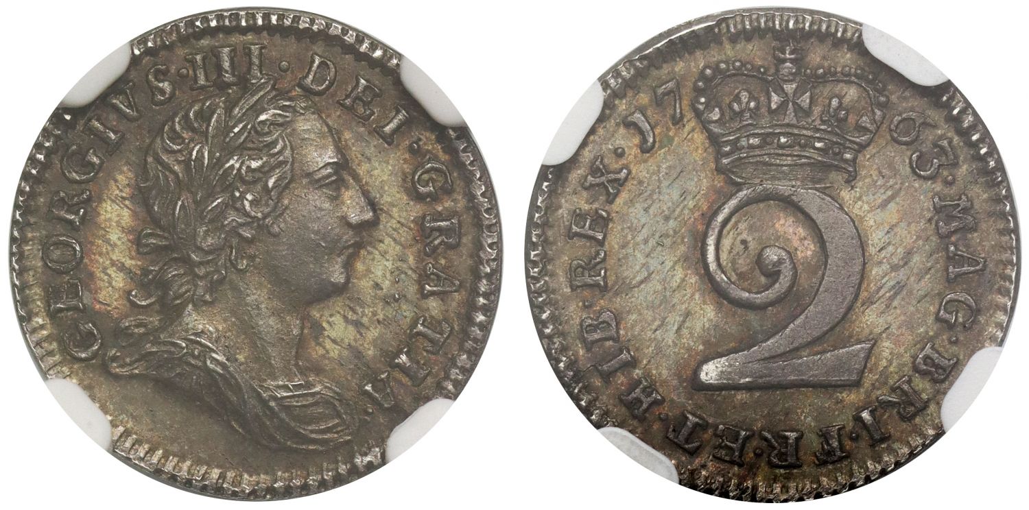 George III 1763 silver proof Twopence, upright die axis NGC PF63 finest graded
