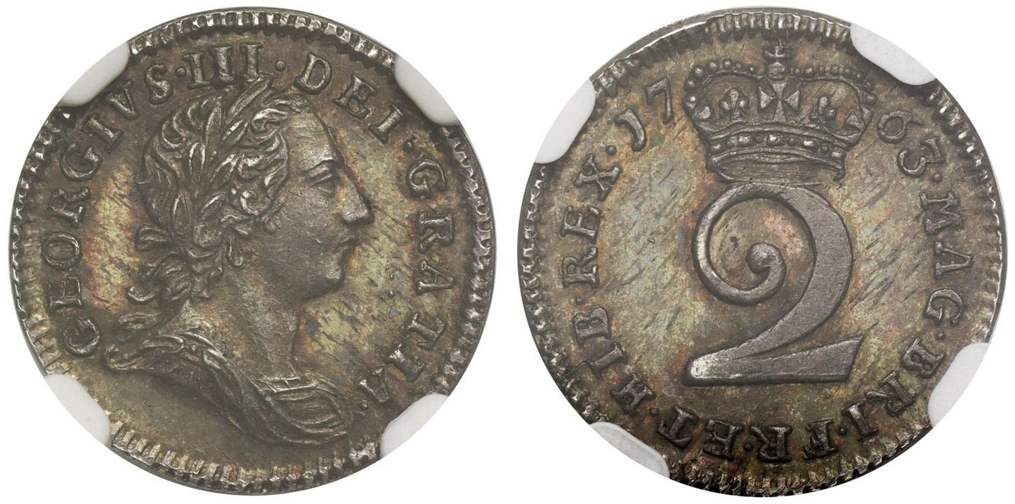 George III 1763 silver proof Twopence, upright die axis NGC PF63 finest graded