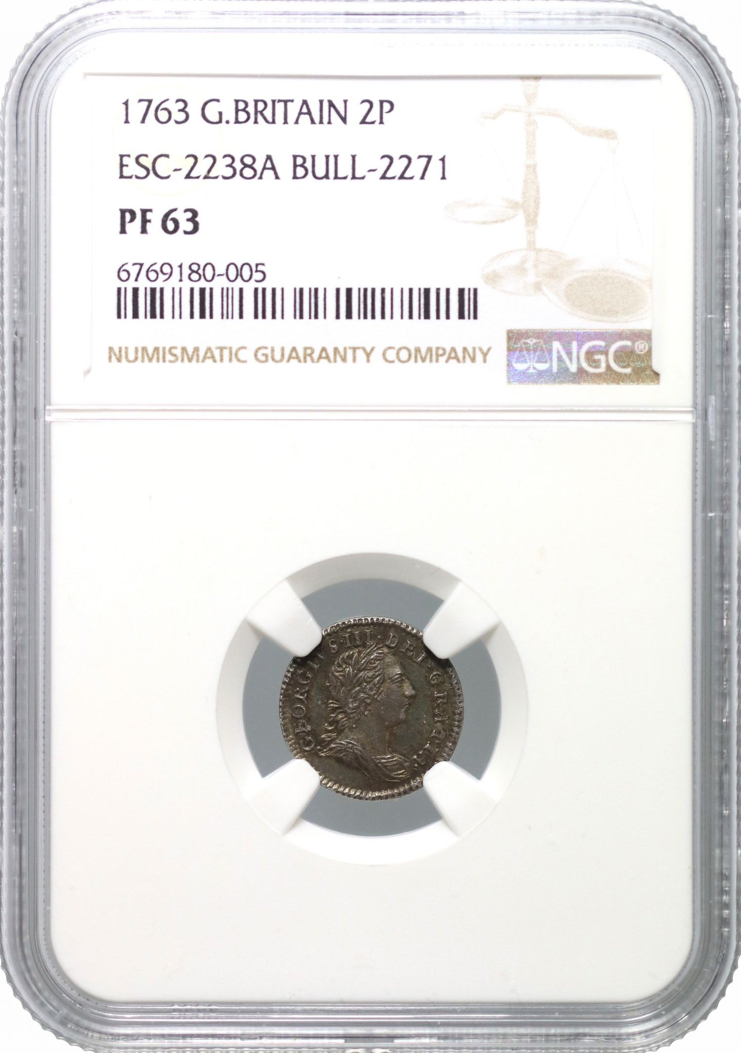 George III 1763 silver proof Twopence, upright die axis NGC PF63 finest graded