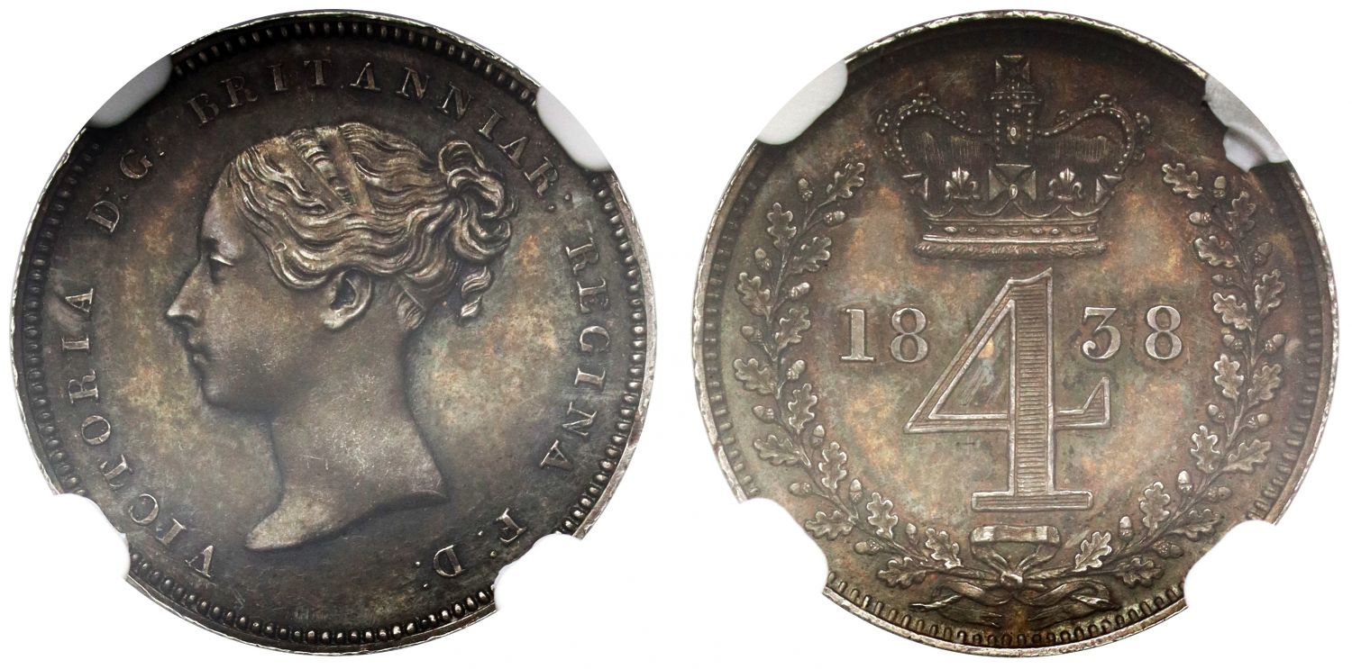 Victoria 1838 silver proof Maundy Fourpence, upright die axis, NGC PF58