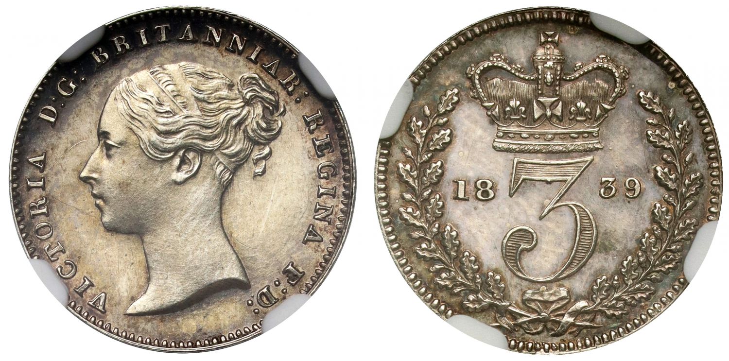Victoria 1839 silver proof Maundy Threepence PF62 upright die axis
