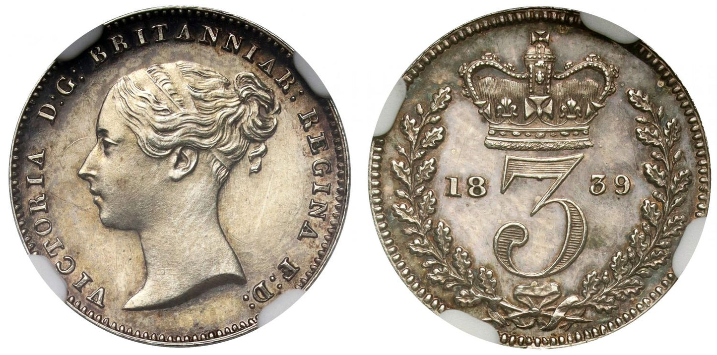 Victoria 1839 silver proof Maundy Threepence PF62 upright die axis