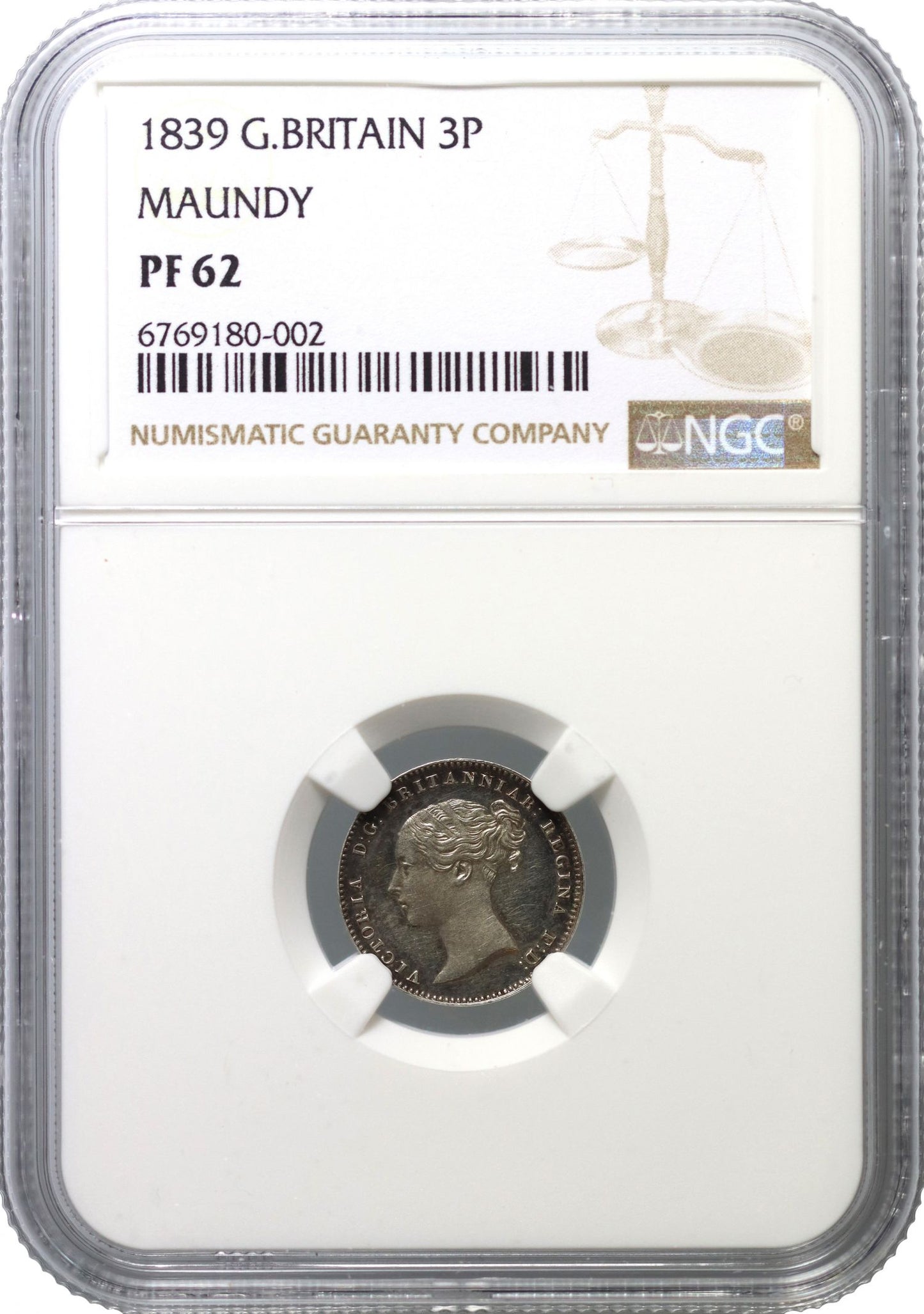 Victoria 1839 silver proof Maundy Threepence PF62 upright die axis