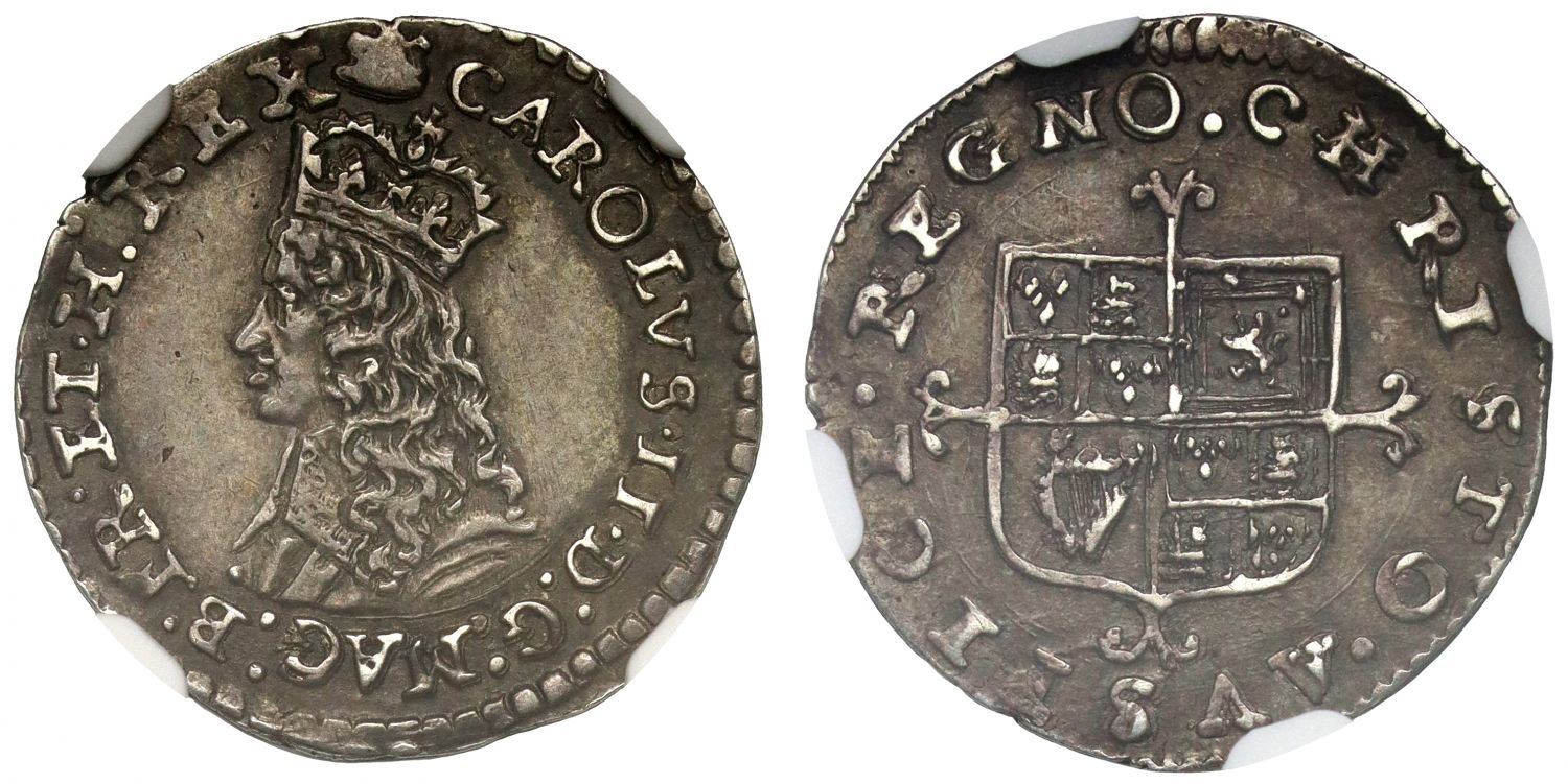 Charles II silver Twopence, 1st hammered issue, H over sideways H, NGC AU53