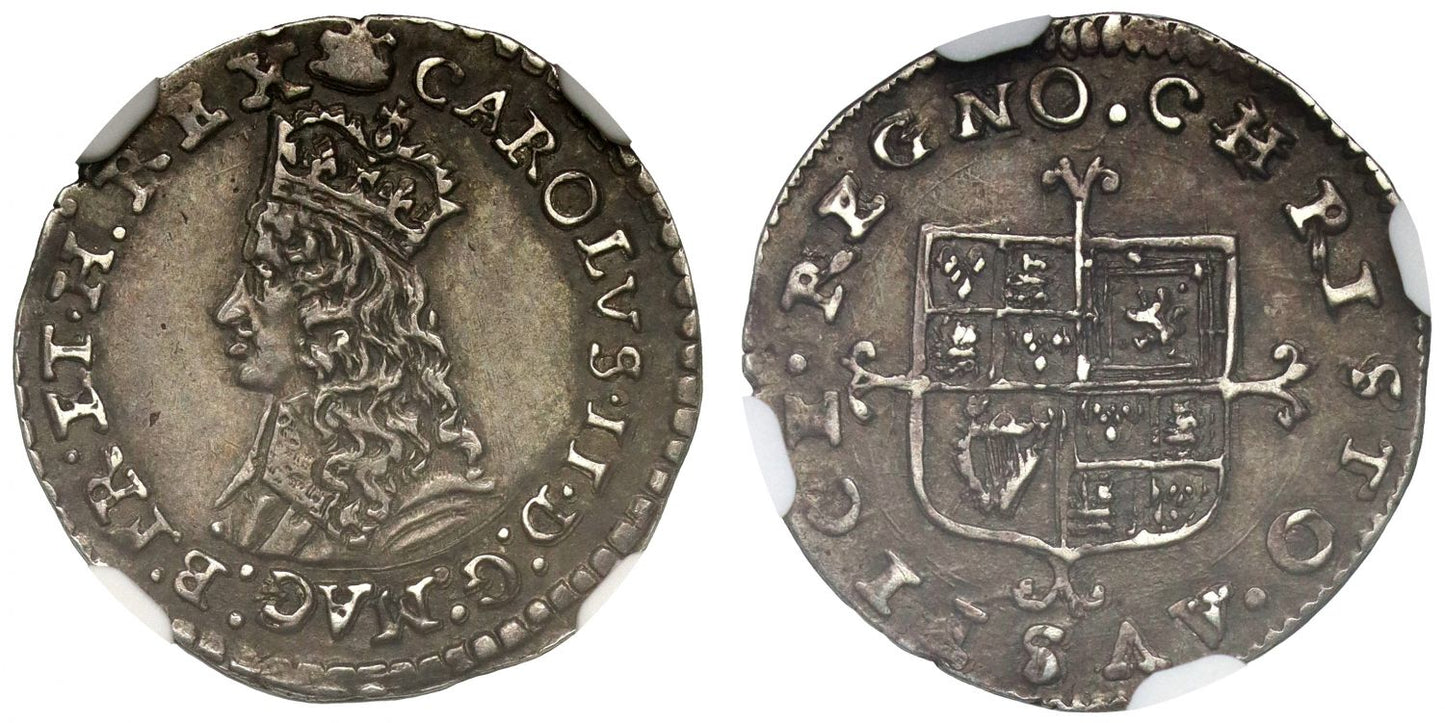 Charles II silver Twopence, 1st hammered issue, H over sideways H, NGC AU53