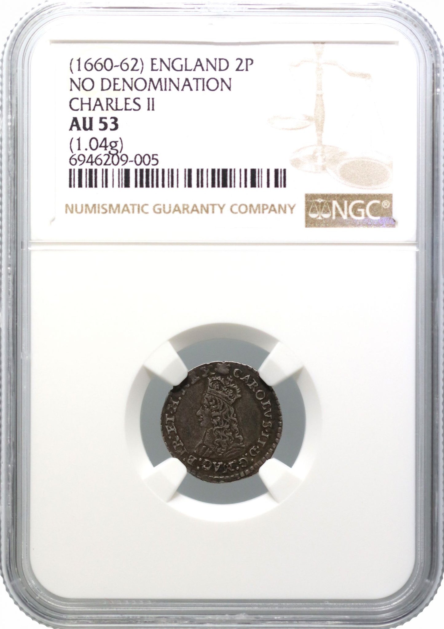 Charles II silver Twopence, 1st hammered issue, H over sideways H, NGC AU53