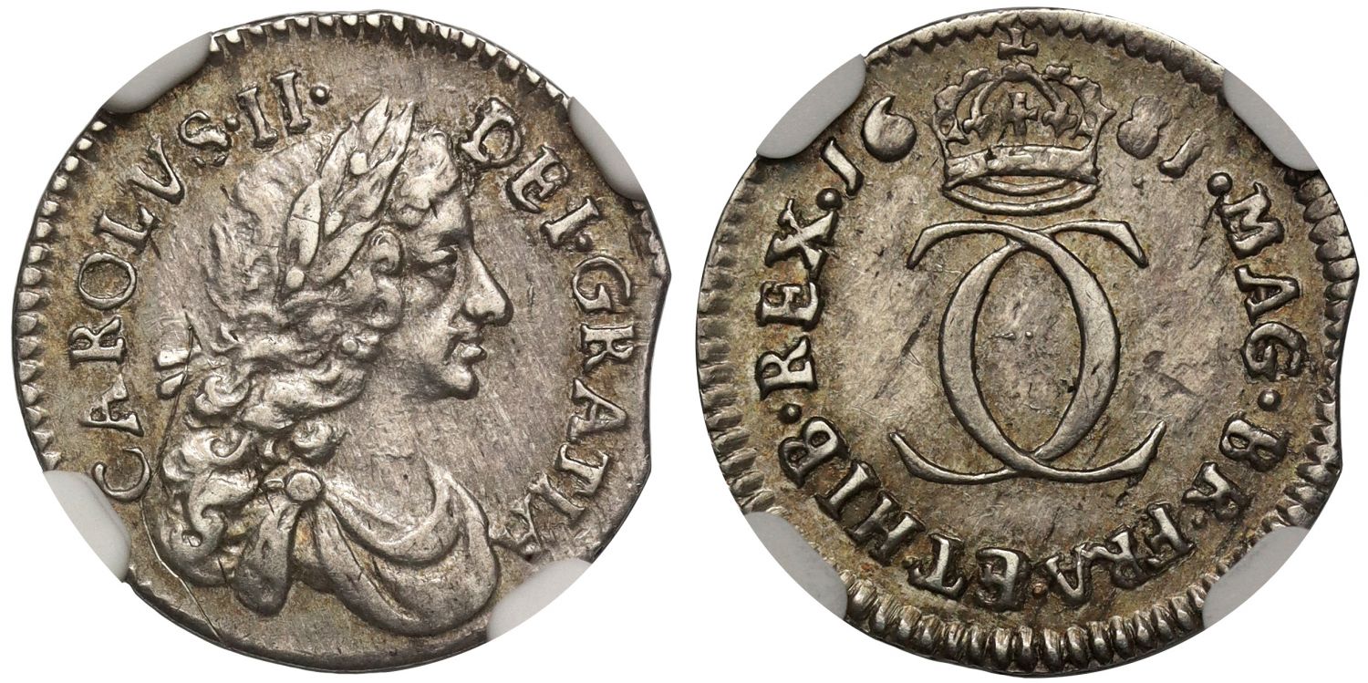 Charles II 1681 silver Twopence, miscut flan NGC AU58 joint finest graded