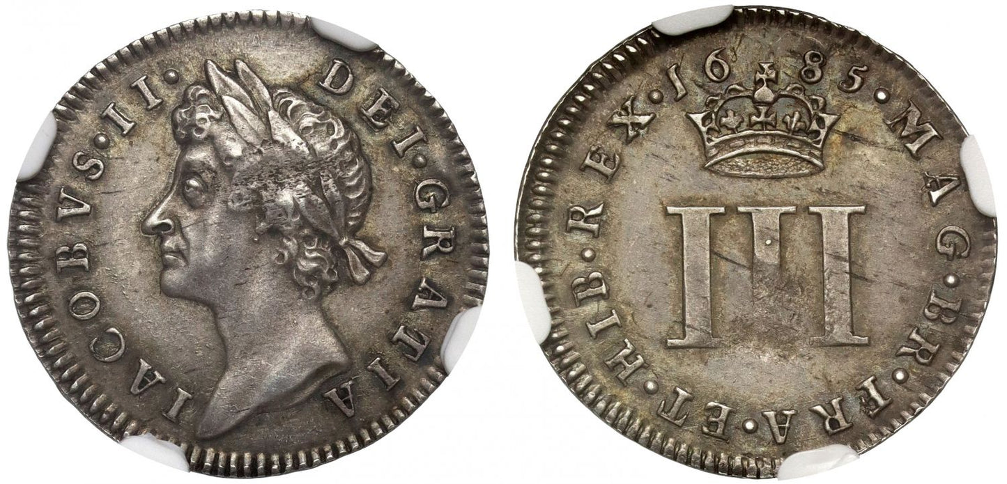 James II 1685 silver Threepence NGC AU55, plate coin for reverse