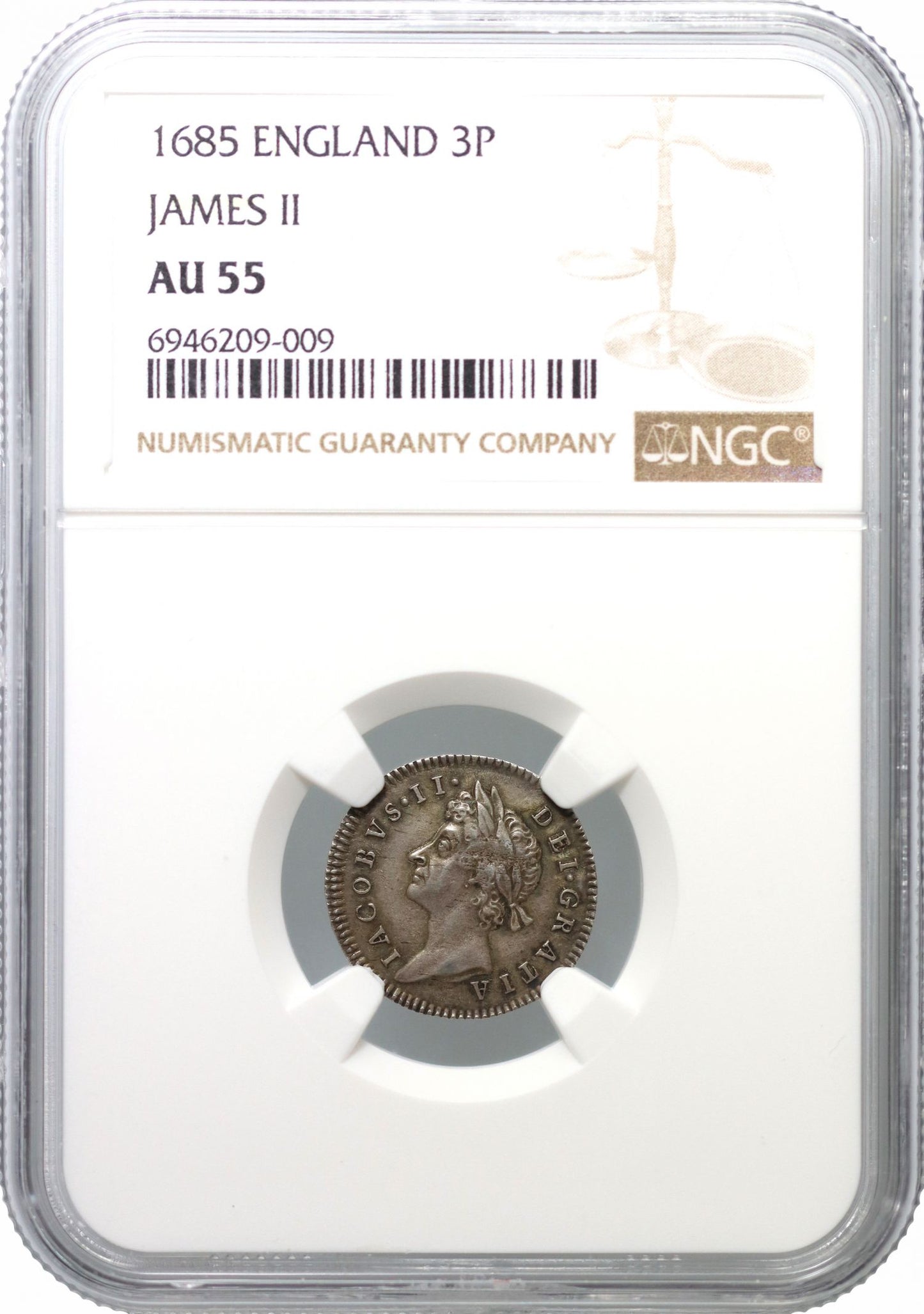 James II 1685 silver Threepence NGC AU55, plate coin for reverse