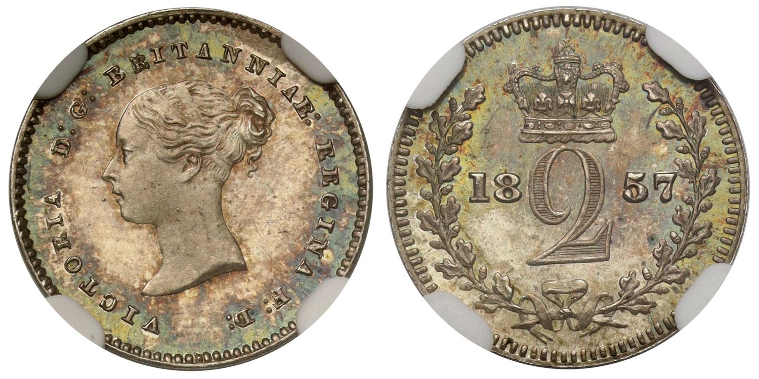 Victoria 1857 silver Twopence MS64, EEGINA Error legend