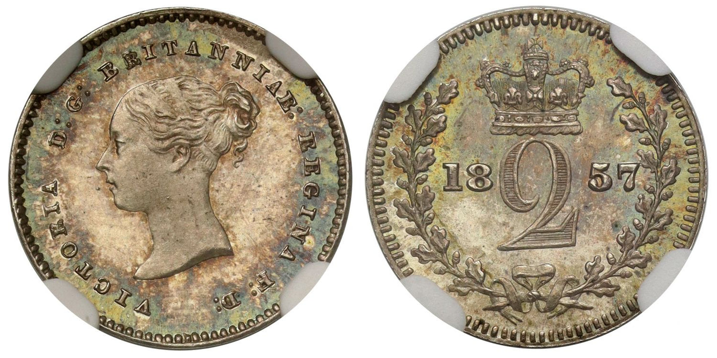 Victoria 1857 silver Twopence MS64, EEGINA Error legend