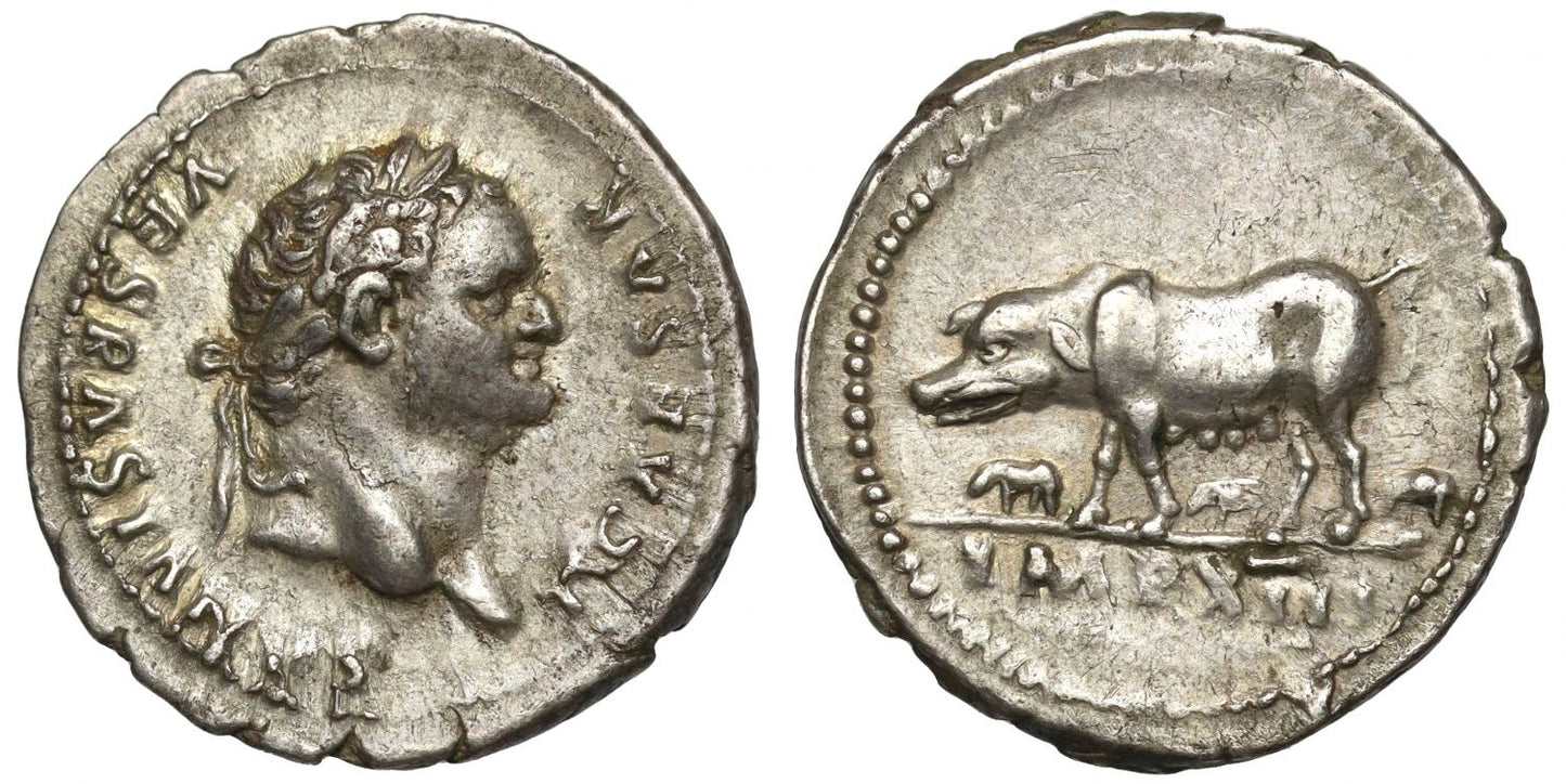 Titus, as Caesar, silver Denarius, sow and piglets.