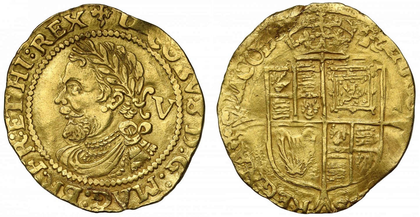 James I gold Quarter-Laurel, 3rd coinage, mm trefoil, bracket ties to wreath